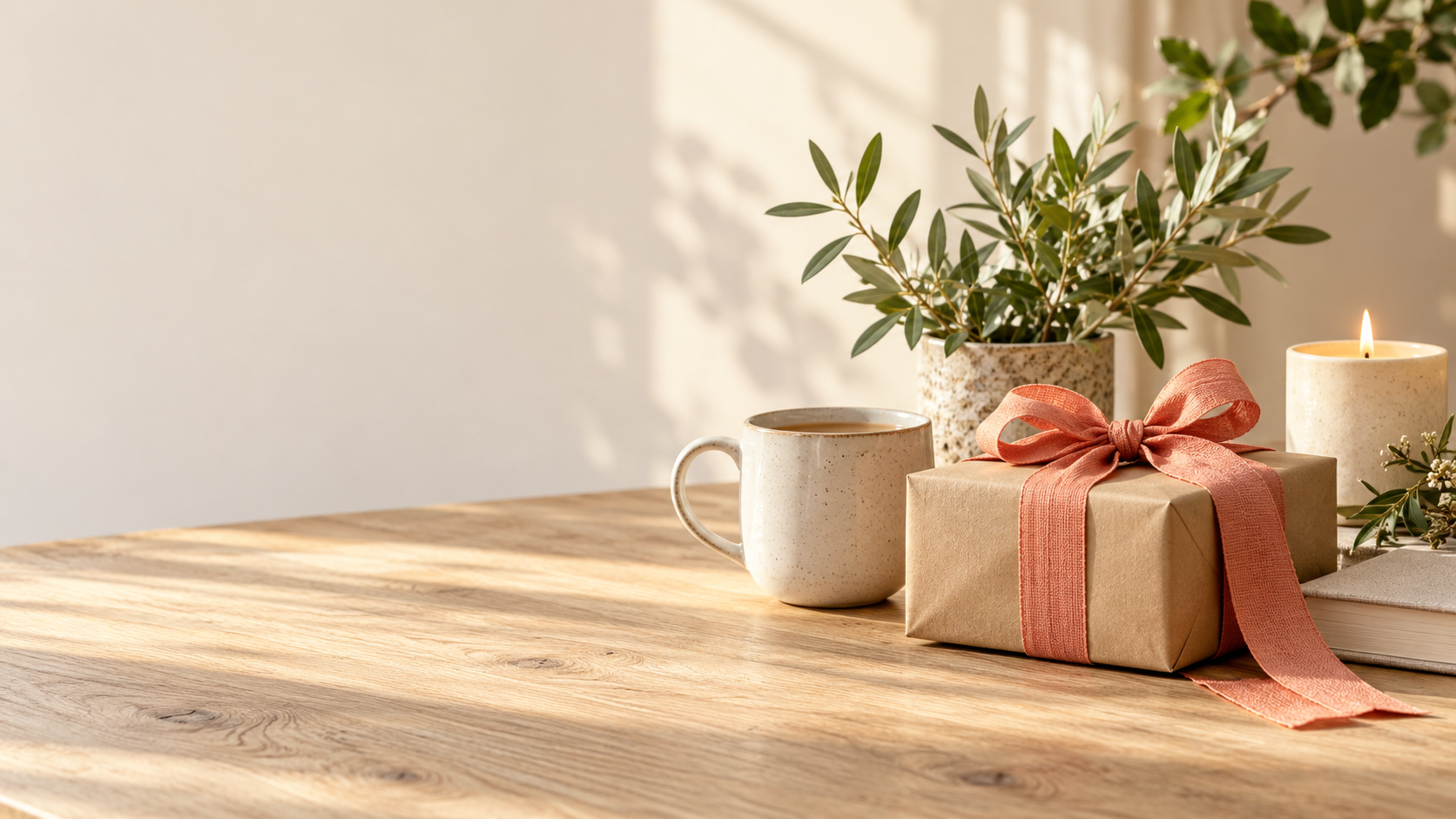 Thoughtfully wrapped gift, ceramic mug and candle in a warm home setting